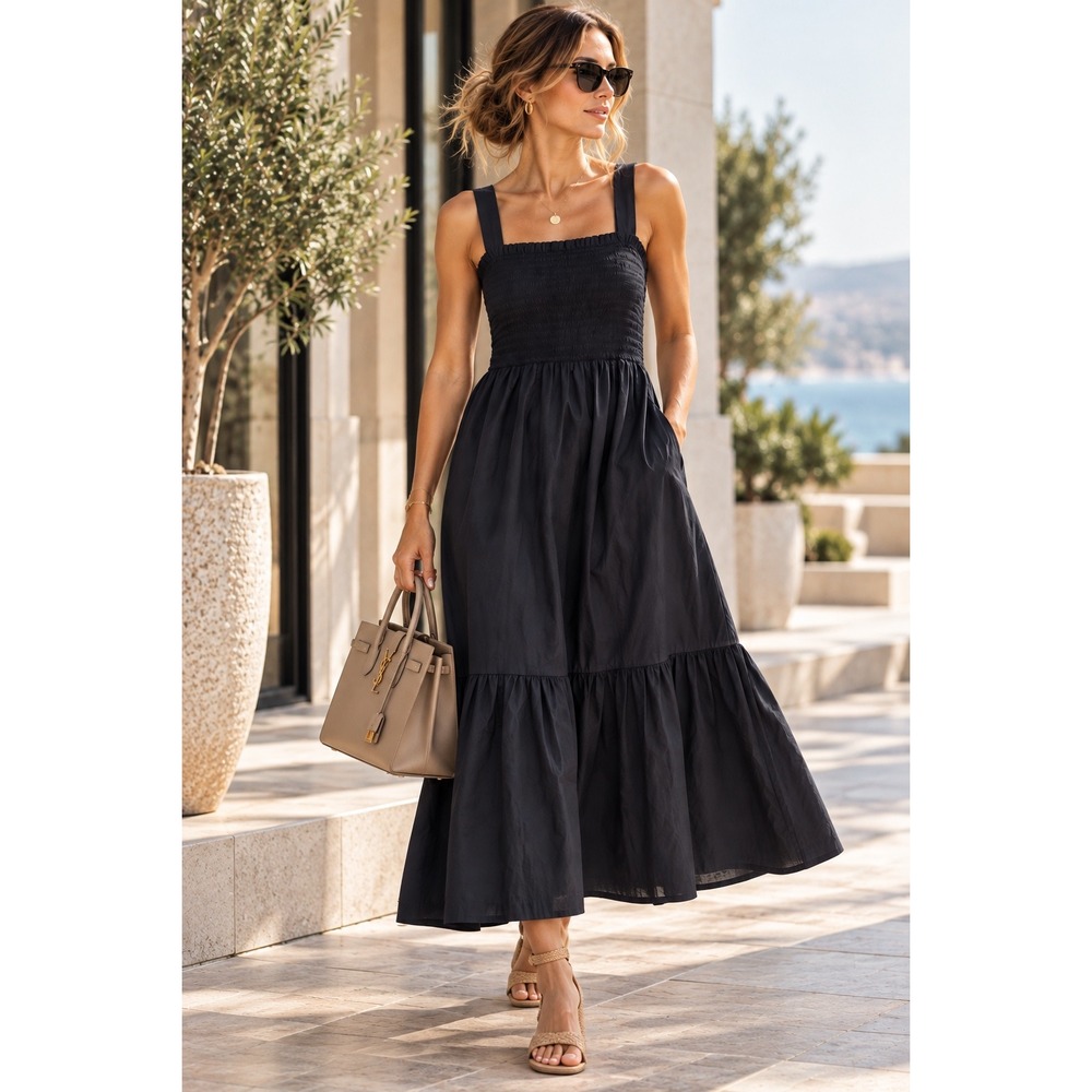 Everlane Black Smocked Tiered Cotton Maxi Dress Women Medium Pockets Strappy